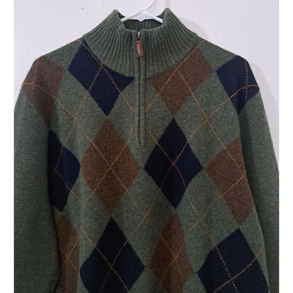 J Crew Mens Mens Xl PREMIUM LAMBSWOOL ARGYLE Sweater Army green ELBOW PATCH - Picture 2 of 8